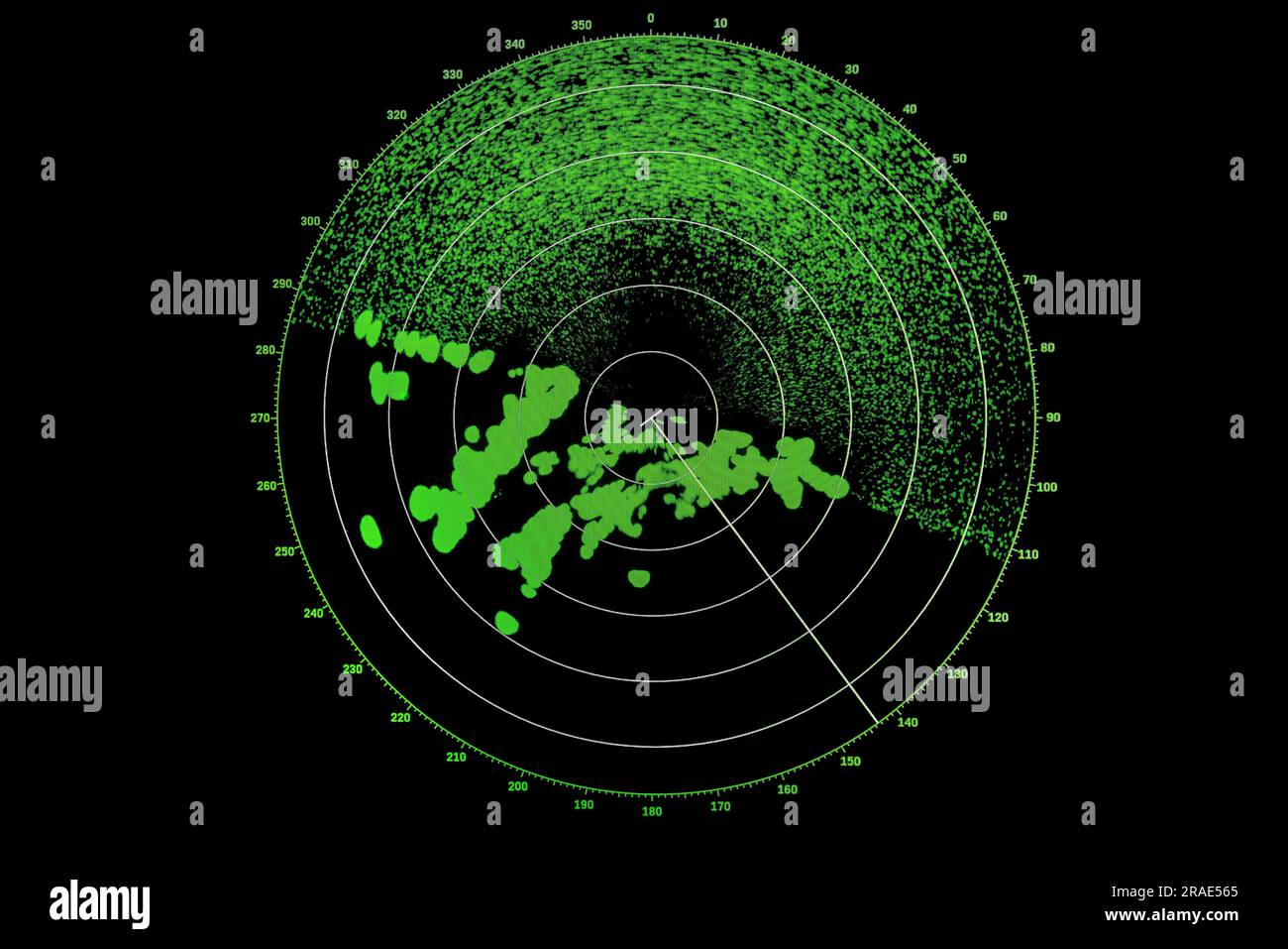 Écran radar avec indication verte sur fond noir, photo de gros plan avec structure de pixels Banque D'Images