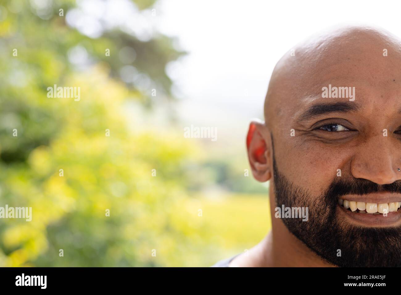 Demi-portrait d'homme biracial chauve souriant avec barbe devant la cime des arbres, espace de copie Banque D'Images