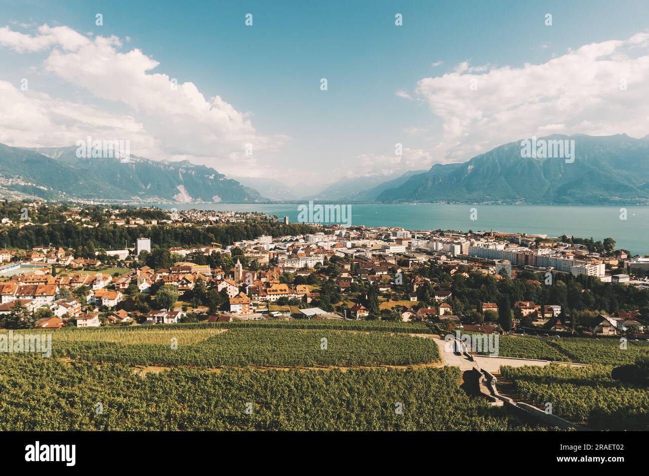Vue de dessus sur la ville de Vevey et les vignobles de Lavaux, canton de Vaud, Suisse Banque D'Images