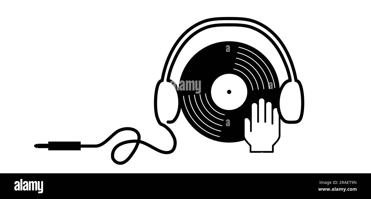 Dessin animé main rayant sur vinyle ou lp. Les mains de DJ disque jockey icône plateau tournant. Album vinyle. Phonographe, enregistrement de musique. Étiquette Gramophone Banque D'Images