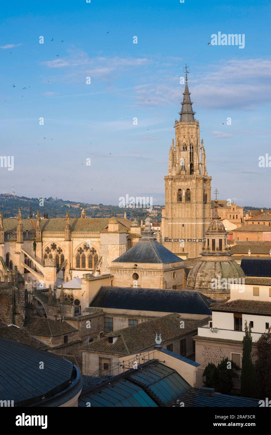 Espagne historique, vue en été de la tour de la cathédrale s'élevant au-dessus du quartier historique de la vieille ville dans le centre de la ville de Tolède, Espagne centrale Banque D'Images