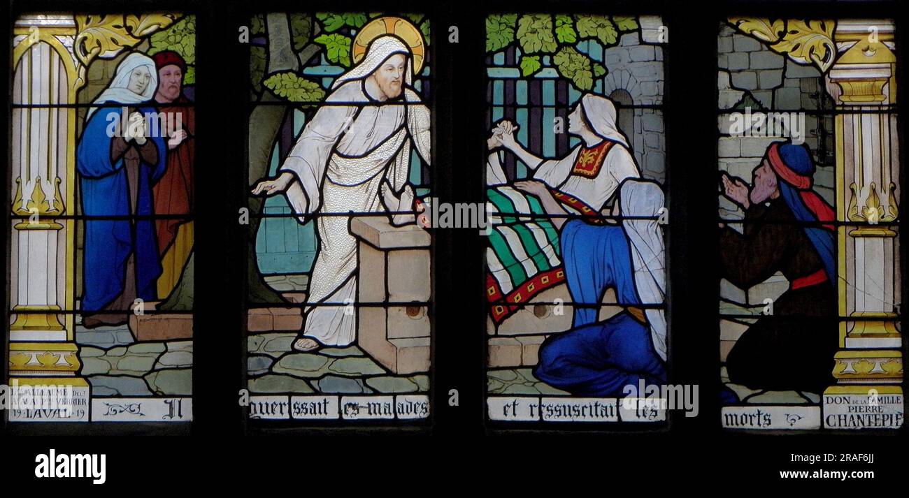 Jésus et la Samaritaine. Église Saint-Sulpice de Fougères (1er registrée. Résurrection de la fille de Jaïre) 1919 par Ludovic Alleaume Banque D'Images