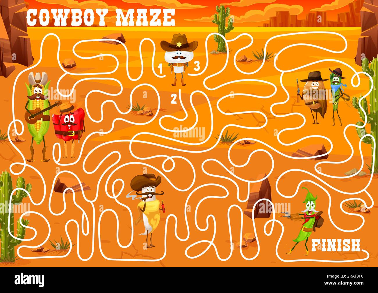 Labyrinthe labyrinthe de labyrinthe de jeu de dessins animés cowboy, shérif et bandit des personnages de légumes. Feuille de travail vectorielle pour enfants avec maïs, champignon, poivron et radis. Pomme de terre, asperges et haricots dans le désert du Texas avec cactus Illustration de Vecteur