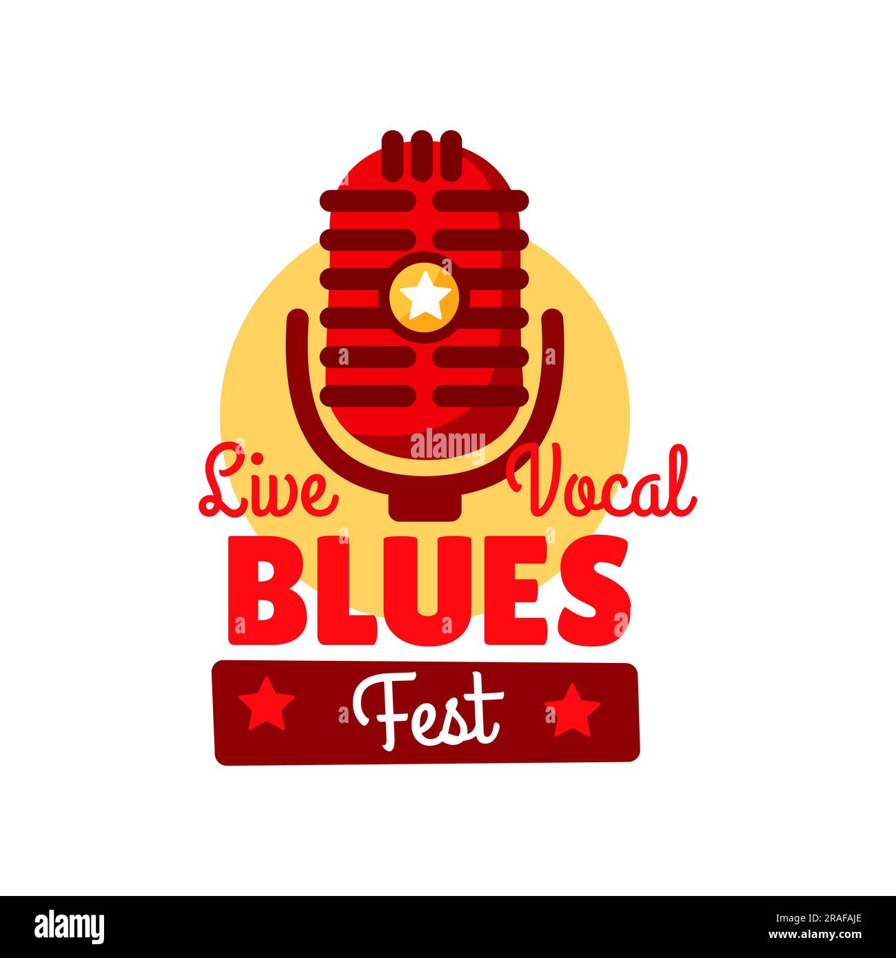 Icône du festival de musique Blues pour des concerts en direct et des concerts, affiche vectorielle. Le Blues Music fest est l'icône du microphone rétro vintage, du groupe acoustique et du club de blues ou de l'emblème de l'événement de bar de musique avec des étoiles Illustration de Vecteur