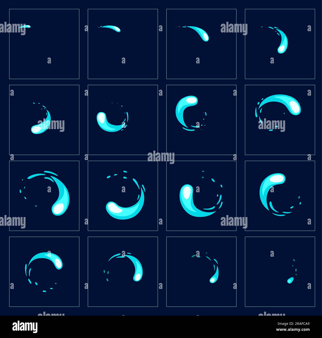 Feuille de sprite de mouvement d'eau de tourbillon animé, animation de dessin animé vecteur d'effet liquide pour le jeu. Cadre de mouvement de projection d'eau de 2D feuilles de sprite FX de tourbillon de chute ou de tourbillon de vague et de rotation ronde Illustration de Vecteur