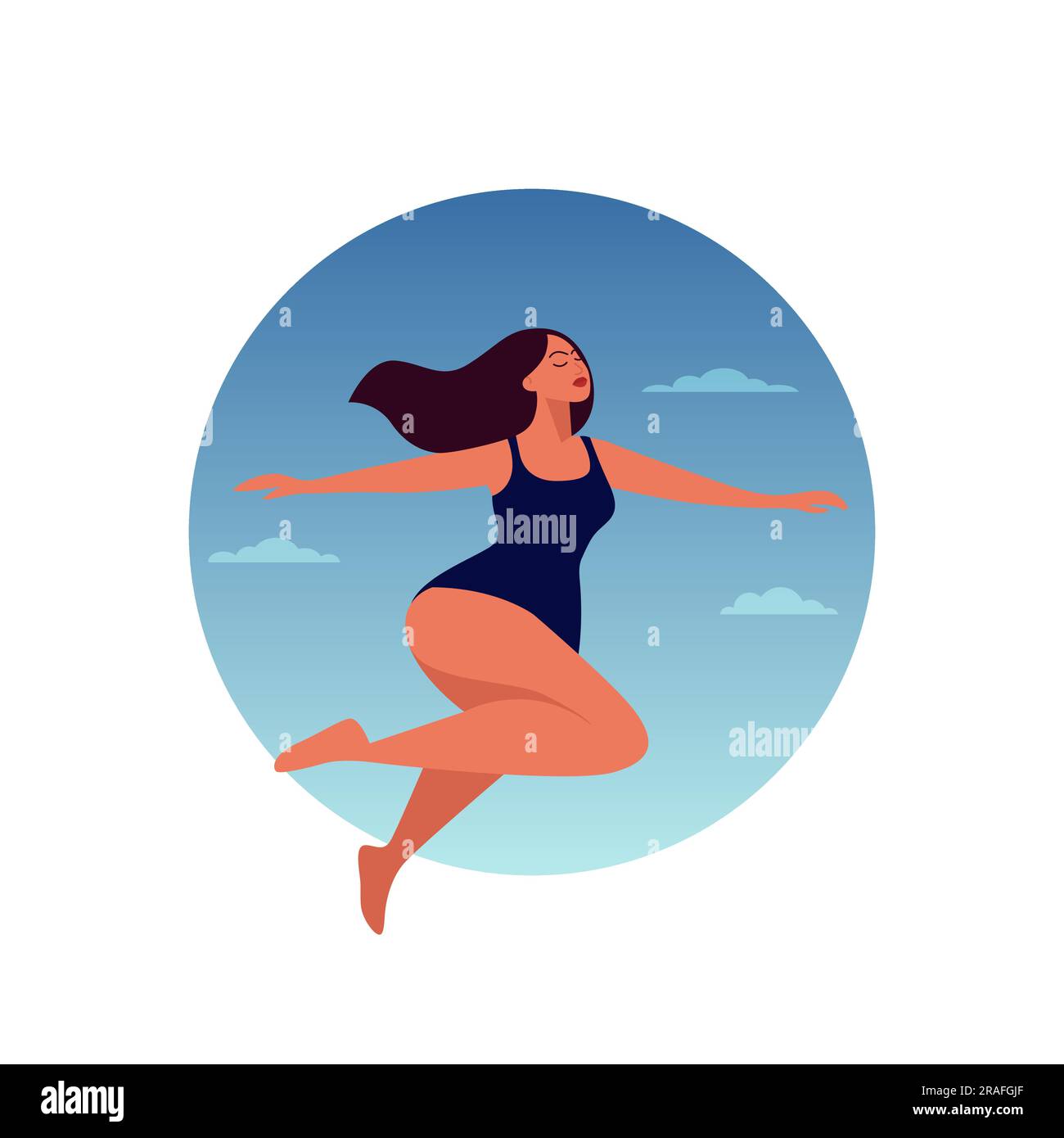 Vector Flying, une femme heureuse dans un saut sur un ciel arrière-plan avec des nuages. Santé des femmes, cycle menstruel féminin, hygiène, bonheur, féminisme Illustration de Vecteur