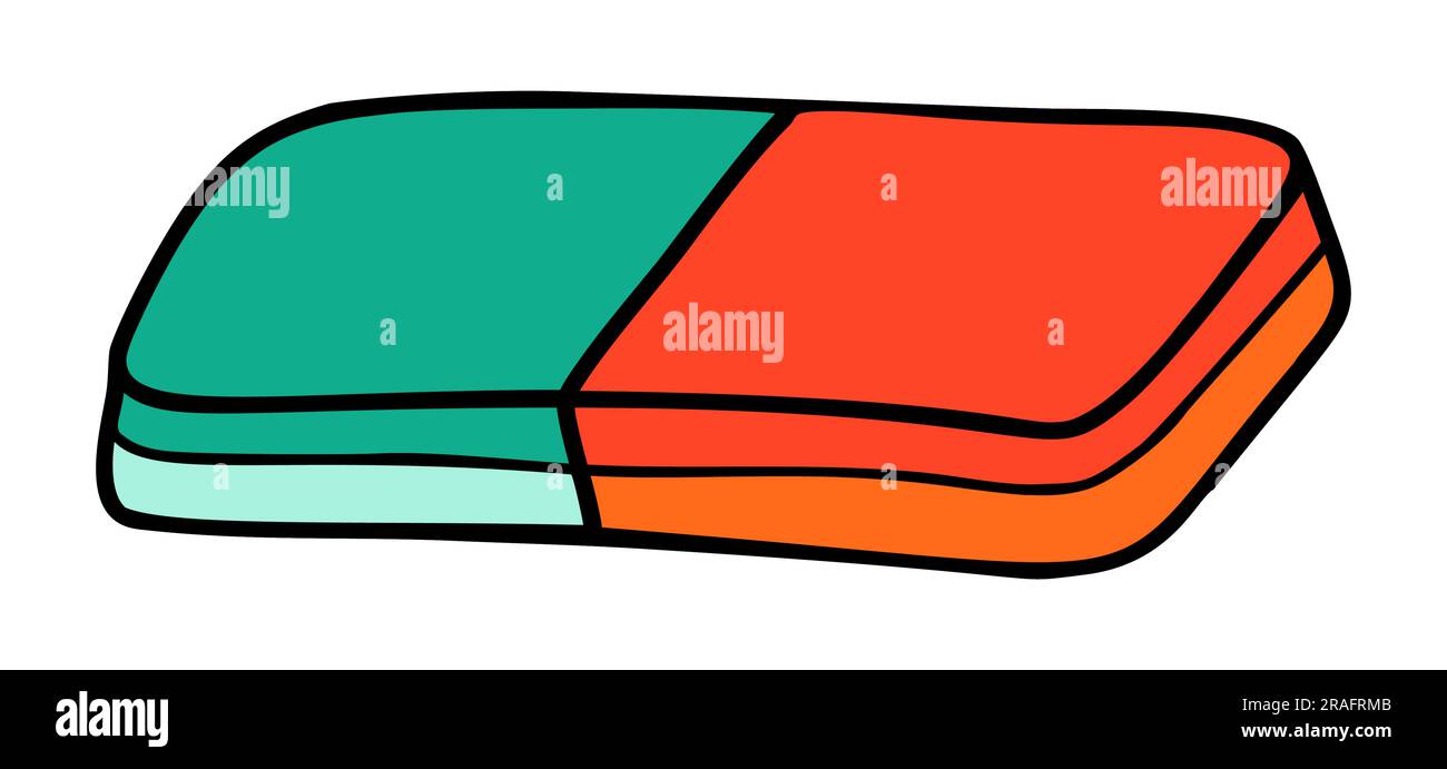 Dessin animé de la gomme de l'école dans un style rétro. Articles de papeterie pour la rentrée élément audacieux lumineux. Fournitures classiques pour l'éducation des enfants ou le travail de bureau Illustration de Vecteur