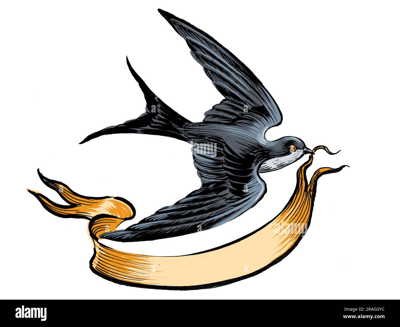 Avaler oiseau portant bannière. Encre dessinée à la main sur papier et couleur à la main sur tablette Banque D'Images