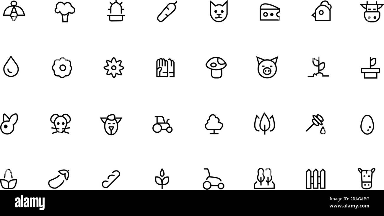 Jeu d'icônes d'agriculture et de jardinage. Camions, tracteurs, agriculteurs, animaux, légumes et bâtiments de ferme de village. Éléments vectoriels de fleurs et de jardins. Illustration de Vecteur