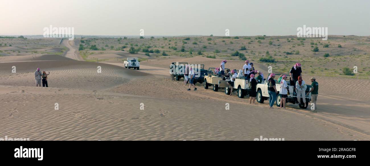 Groupe sur safari dans le désert péninsule arabe près de Dubaï, Émirats Arabes Unis Banque D'Images
