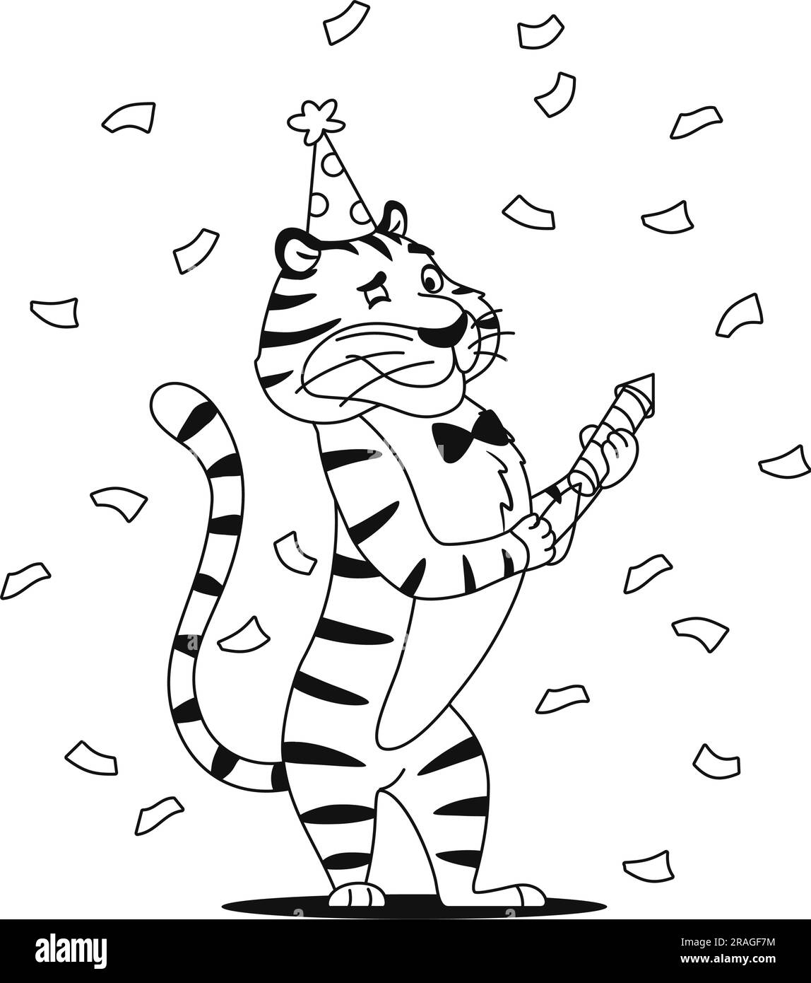 Tigre heureux avec feu d'artifice. Page de livre de coloriage. Illustration de Vecteur