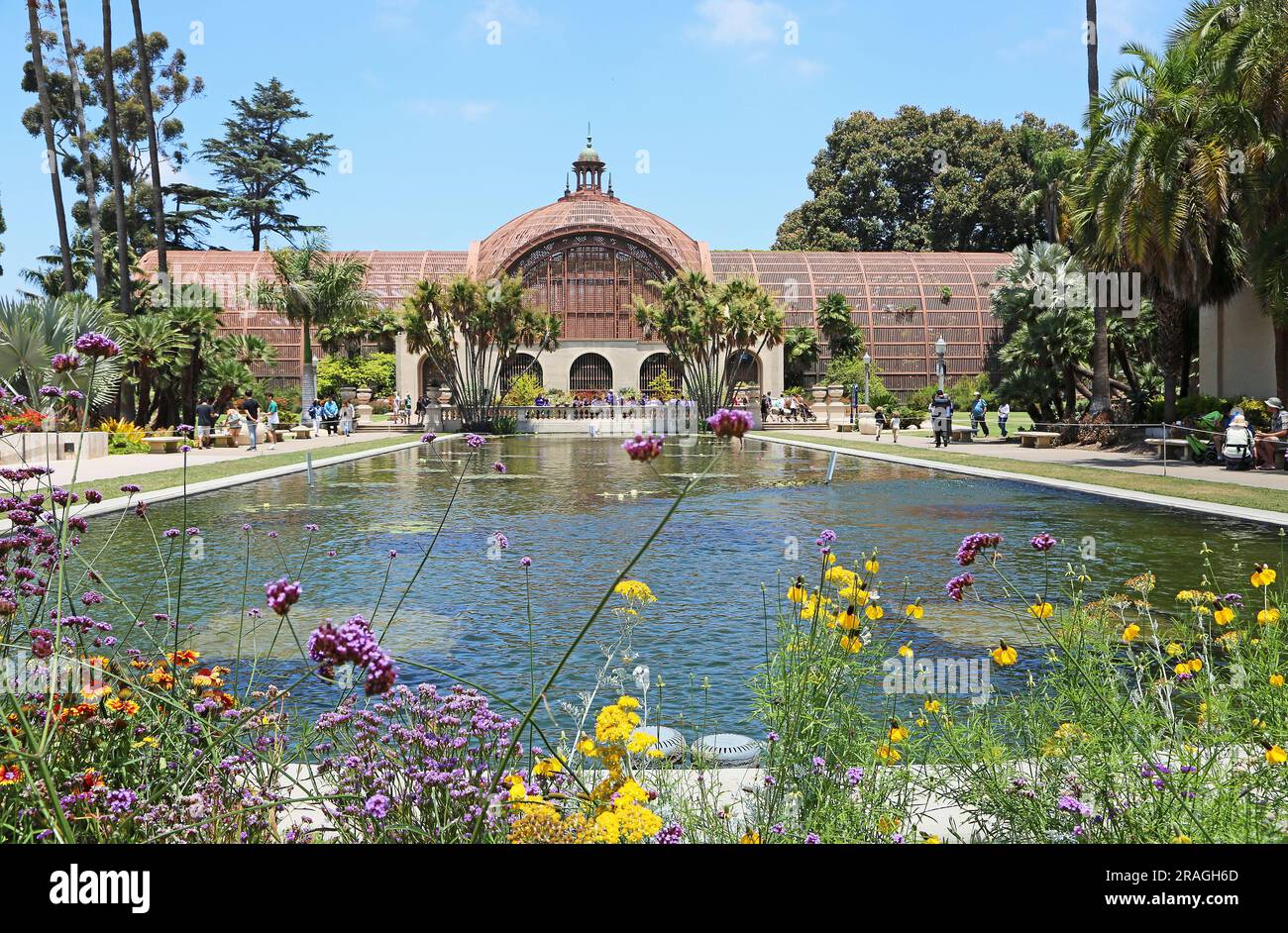 Bâtiment botanique et étang aux nénuphars - San Diego, Californie Banque D'Images