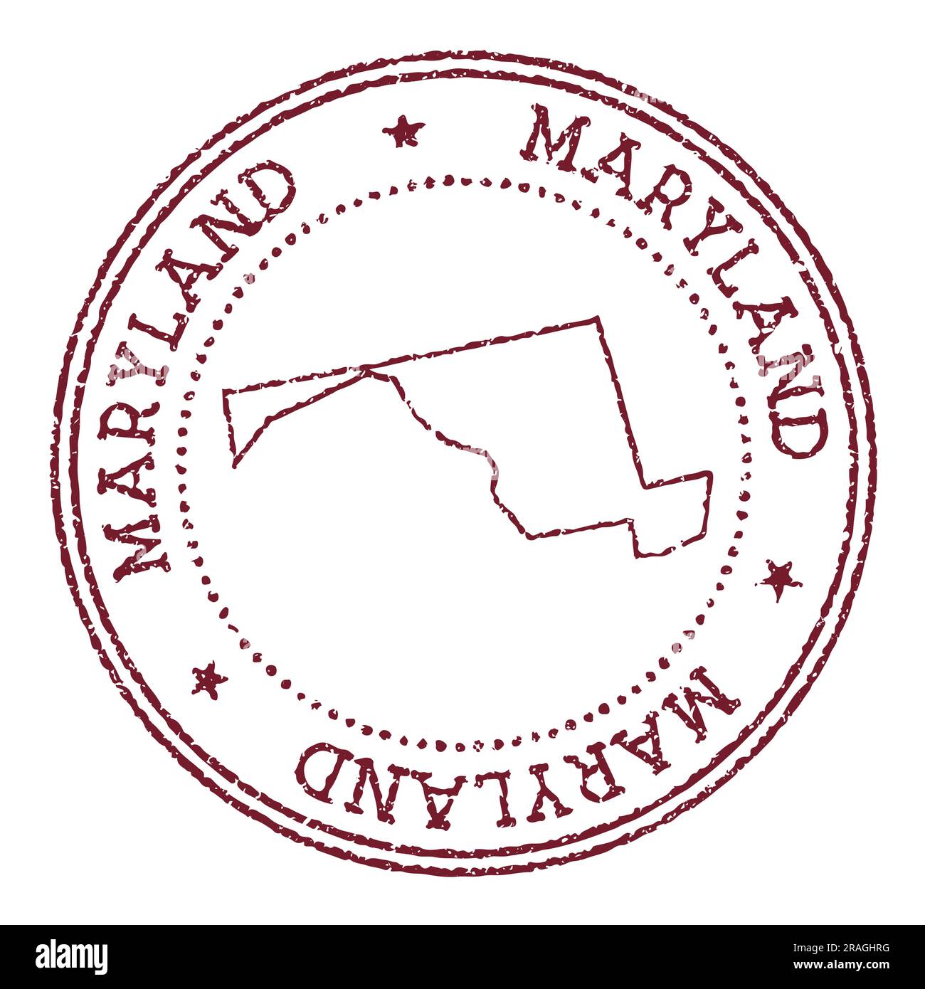 Tampon en caoutchouc rond du Maryland avec la carte de l'état des États-Unis. Timbre de passeport rouge vintage avec texte circulaire et étoiles, illustration vectorielle. Illustration de Vecteur