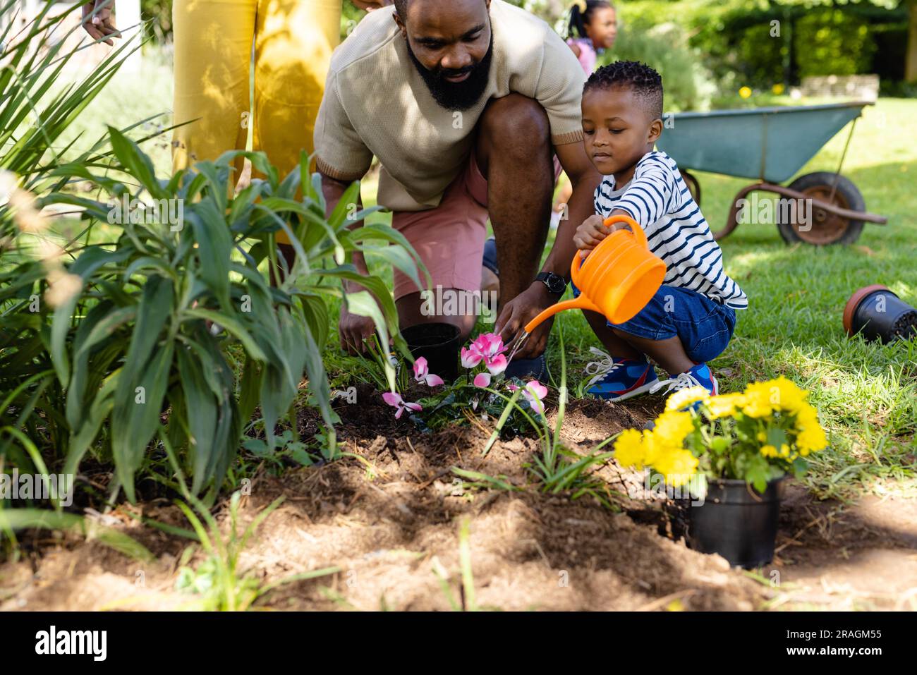 Père afro-américain regardant un fils mignon arrosant des fleurs fraîches avec canette dans l'arrière-cour Banque D'Images