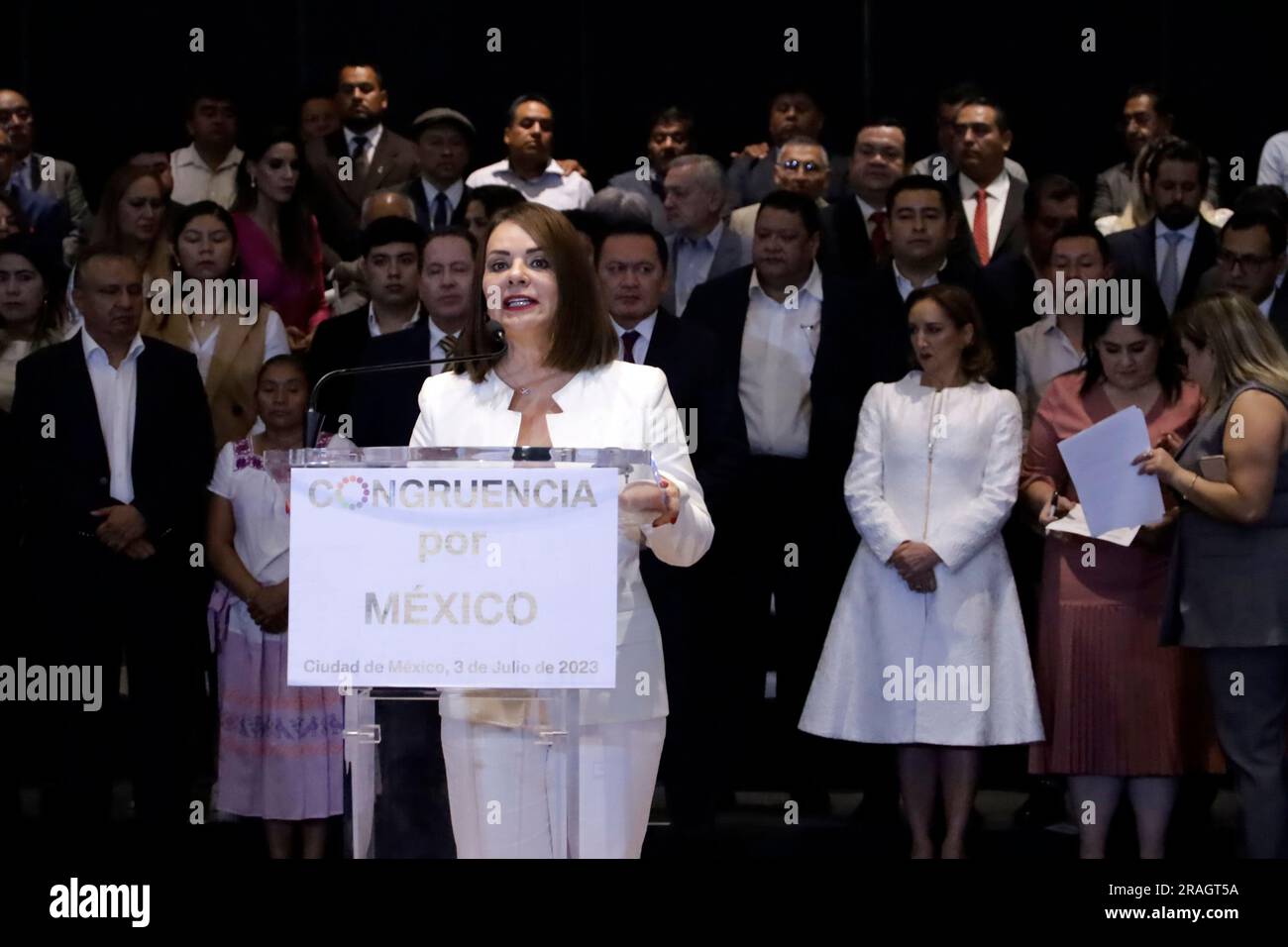 Mexico, Mexique. 3rd juillet 2023. Le sénateur Nuvia Mayorga démissionne du Parti révolutionnaire institutionnel, dans une annonce lors d'une conférence de presse à l'hôtel de Mexico. Sur 3 juillet 2023 à Mexico, Mexique (Credit image: © Luis Barron/eyepix via ZUMA Press Wire) USAGE ÉDITORIAL SEULEMENT! Non destiné À un usage commercial ! Banque D'Images