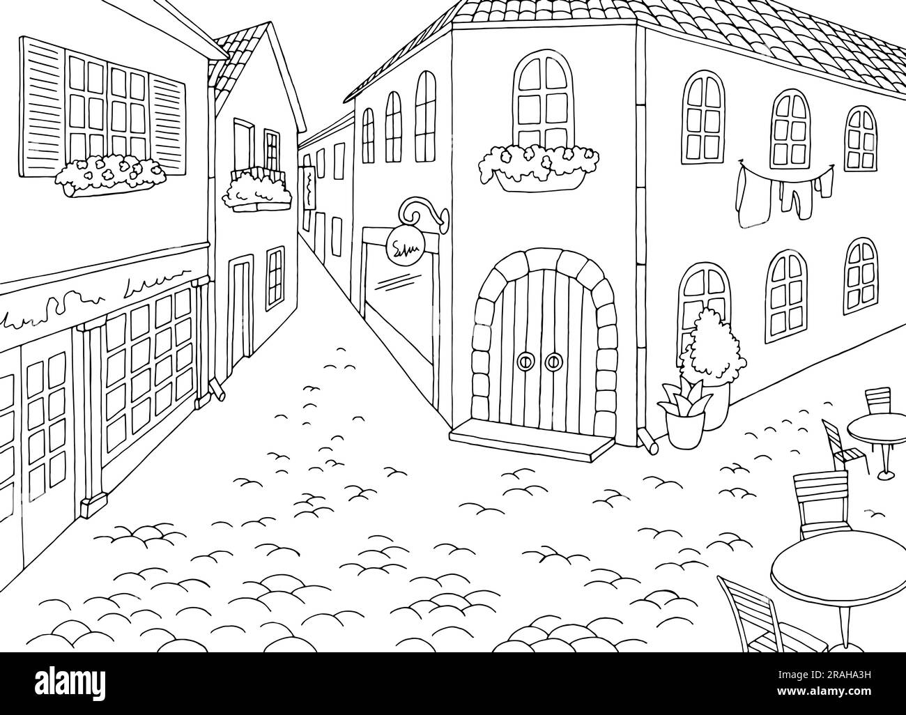 Old Europe Street graphique paysage de ville noir blanc esquisse vecteur d'illustration Illustration de Vecteur