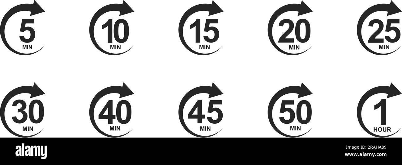Ensemble d'icônes de minutes avec flèches de cercle. Symbole du chronomètre. 5, 10, 15, 20, 25, 30, 40, 45, 50 min signes de l'aube. Minuteries de sport ou de cuisson isolées sur fond blanc. Illustration graphique vectorielle Illustration de Vecteur