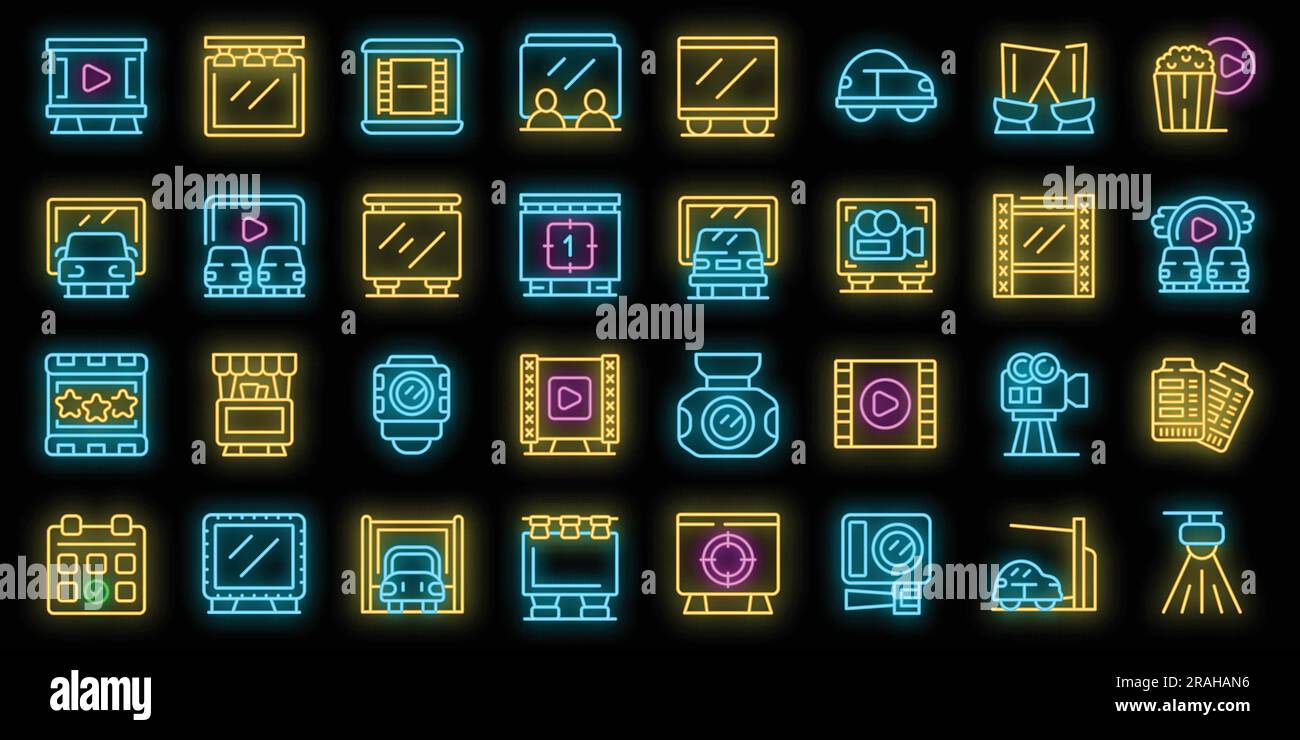 Les icônes de cinéma dans la voiture définissent le vecteur de contour. Air libre. Couleur néon du cinéma d'extérieur sur noir Illustration de Vecteur