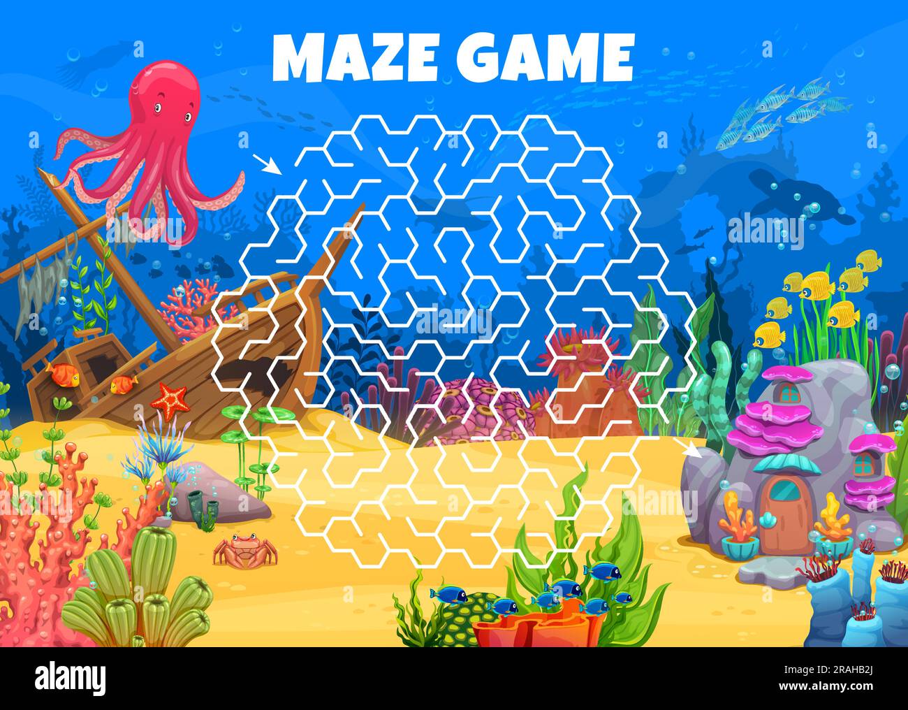Labyrinthe de labyrinthe. Aidez à pieuvre à trouver sa maison sous-marine. Feuille de calcul de vecteur de puzzle labyrinthe avec animaux de fond de l'océan personnages mignons, navire en contrebas, choeur de poisson, coraux et algues, maison de fantaisie Illustration de Vecteur