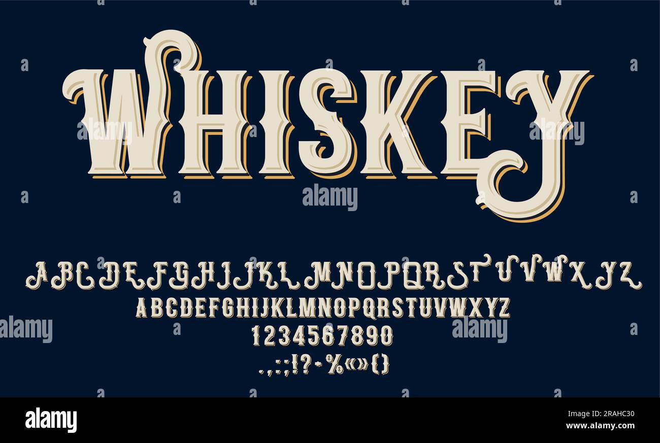 Police de whisky vintage, type absinthe, police d'étiquette d'alcool,  alphabet gin et bière. Typographie vectorielle lettres majuscules ornées,  chiffres et signes de ponctuation avec jeu de polices d'étiquettes ombrées  et ambrées Image