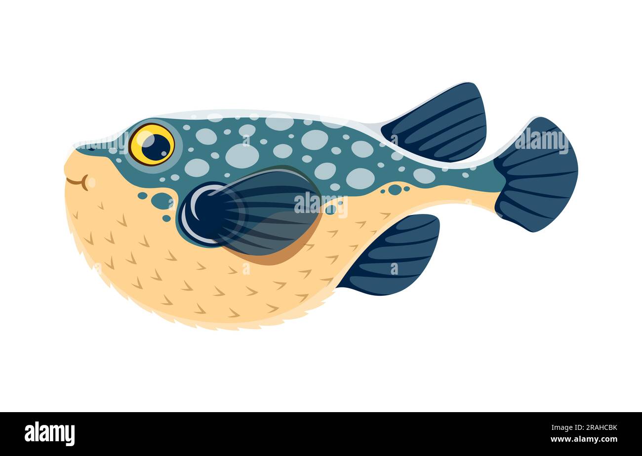 Fugu ou personnage de poisson-souffleur. Vecteur de dessin animé isolé animal marin unique connu pour leur capacité à gonfler leur corps dans une boule piquée pour la défense. Ils ont des yeux renflés et une bouche ressemblant à un bec Illustration de Vecteur