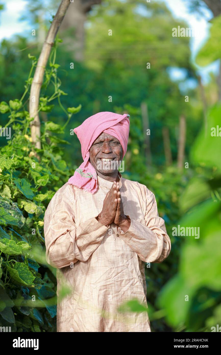 Agriculture indienne, heureux agriculteur indien vous accueillant, fermier indien montrant les mains namaste Banque D'Images