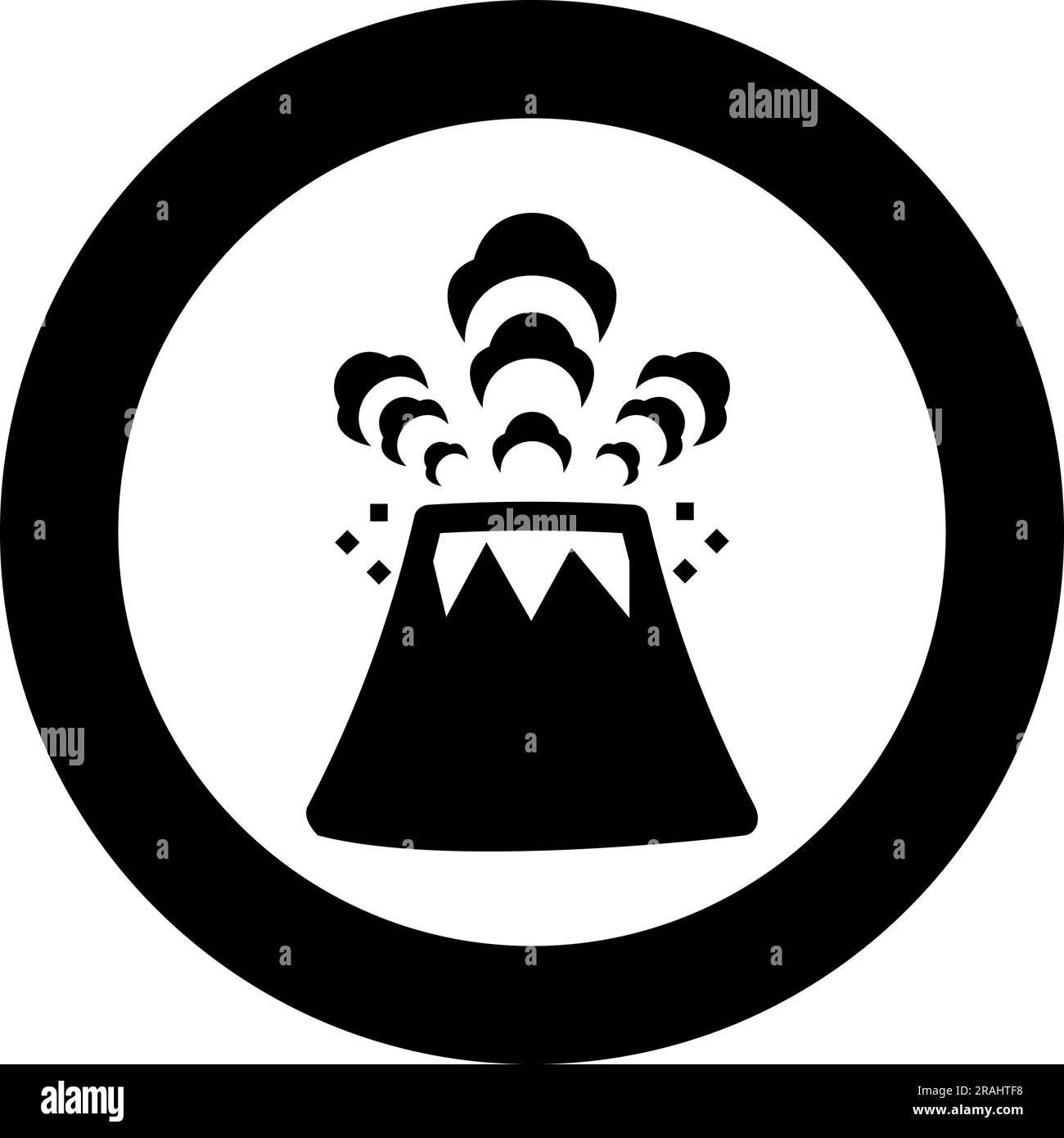 Volcano crachant lave et roches icône en cercle rond noir couleur vecteur illustration image solide contour style simple Illustration de Vecteur