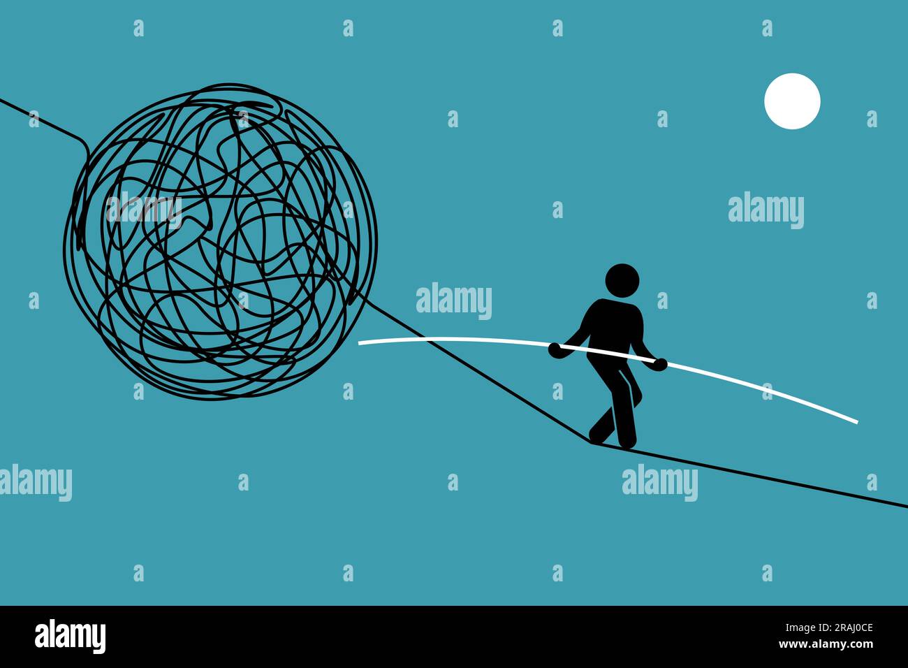 Personne a réussi à marcher sur un défi chaotique et dangereux de la corde raide. Illustrations vectorielles clip art dépeint le concept d'effort, de succès, d'audace, r Illustration de Vecteur