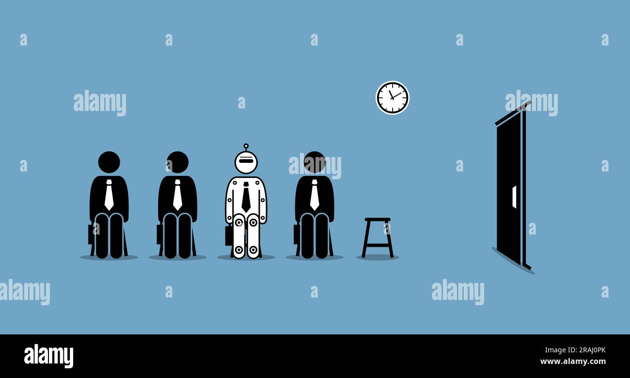 Robot à l'entretien d'emploi en concurrence avec l'homme pour le travail dans la révolution technologique. Les illustrations vectorielles décrivent le concept de la technologie future et de l'artific Illustration de Vecteur