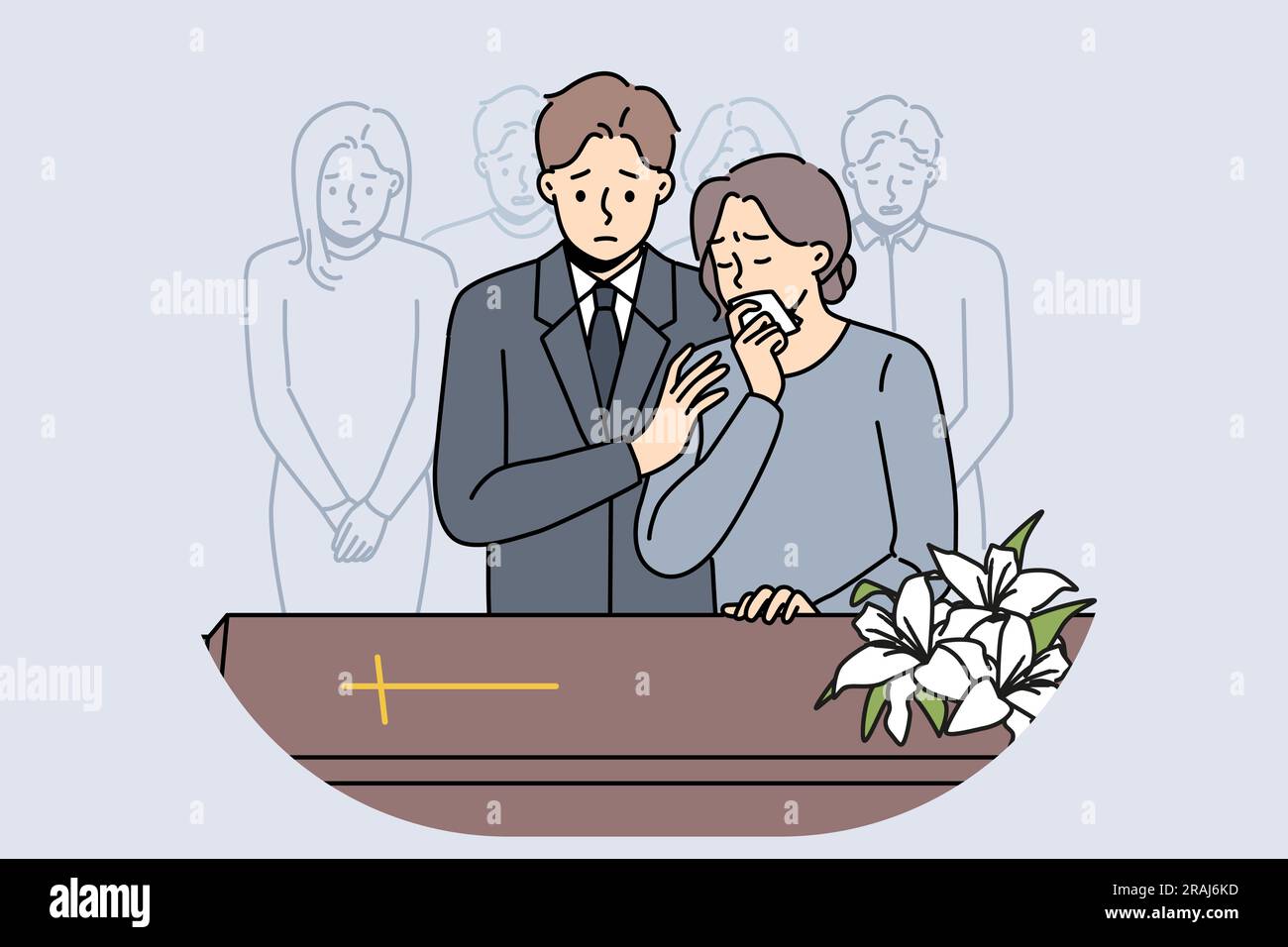 Les gens à la cérémonie funéraire se tiennent près du cercueil avec la croix catholique et pleurent la mort pour dire adieu. Bouleverser les amis et les parents au service de l'église avant les funérailles de l'homme de foi chrétienne Illustration de Vecteur