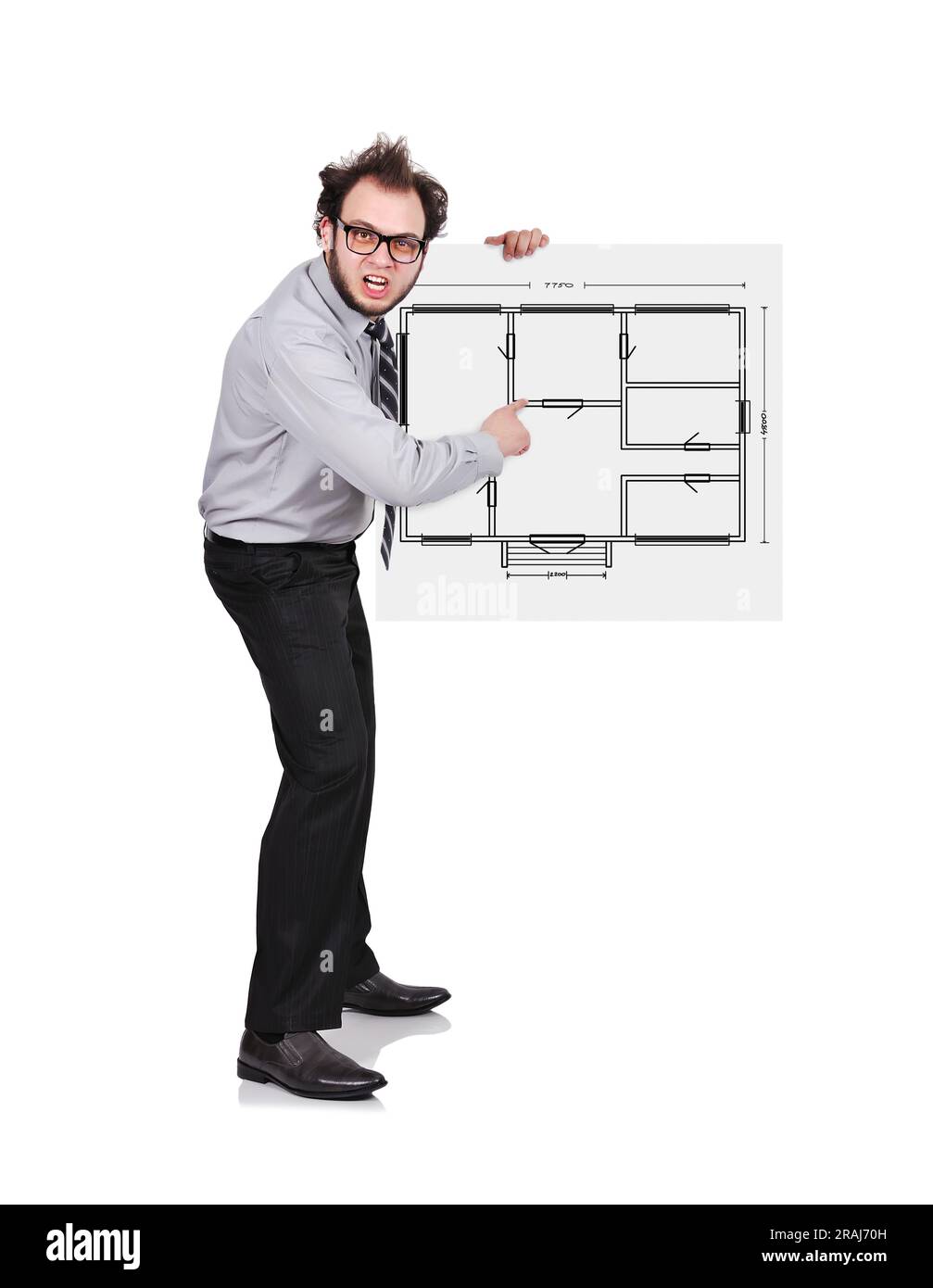 homme d'affaires fou tenant l'affiche avec le plan de dessin Banque D'Images