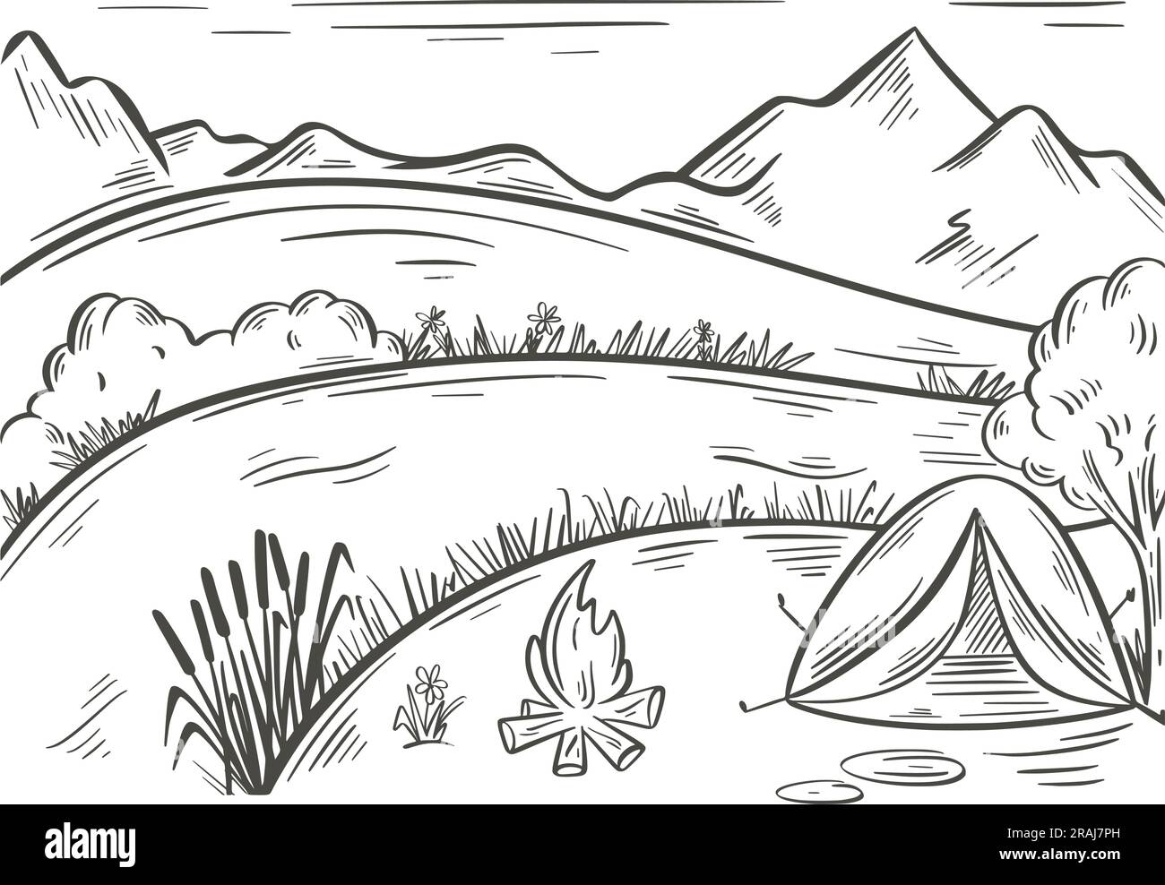 Tente touristique près de la rivière sur fond de montagnes. Camping, croquis de l'encreur. Gravure à la main pour la randonnée et le camping. Landscap naturel dessiné à la main Illustration de Vecteur