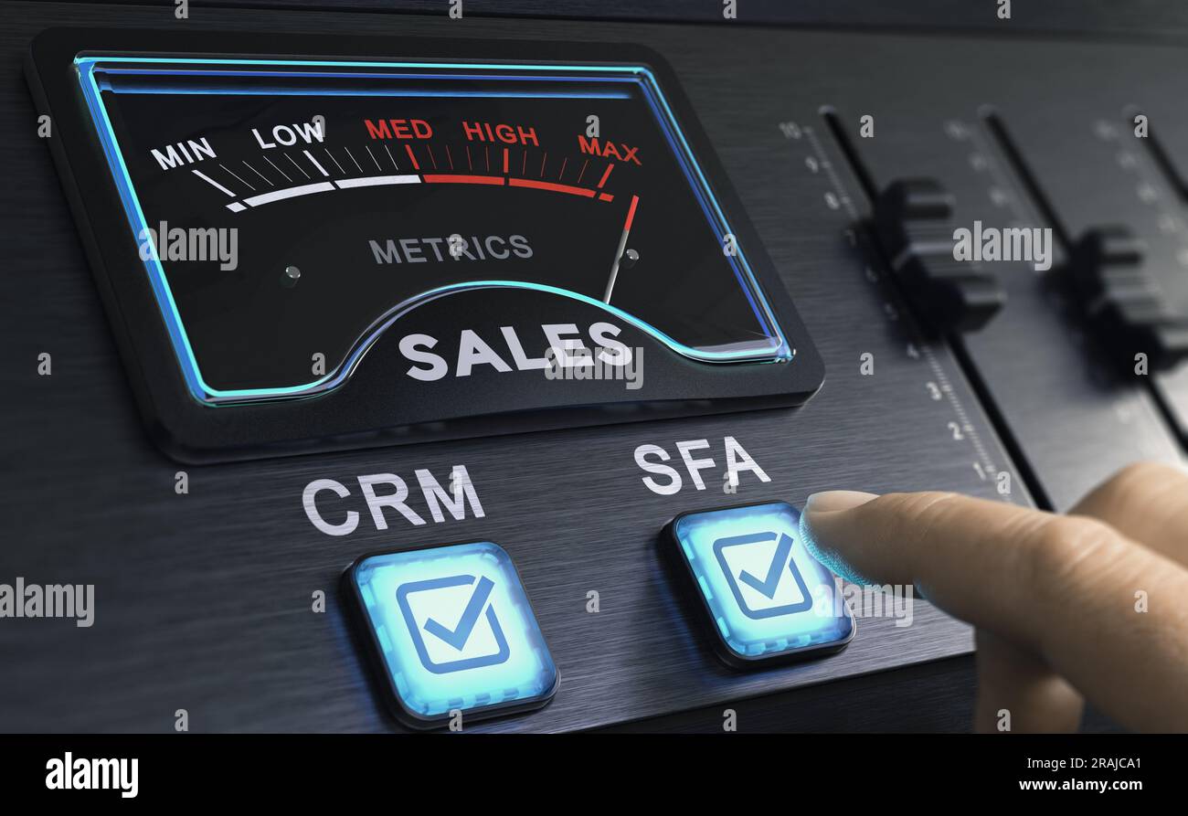 Utilisateur qui interagit avec un tableau de bord CRM et SFA. Concept de gestion de la relation client et automatisation de la force de vente. Banque D'Images