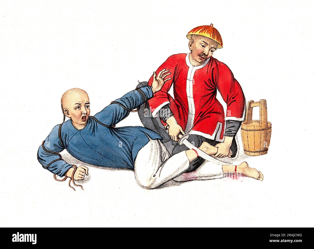 Torture, châtiment, châtiment, Un Chinois se trouve sur le sol tandis qu'un homme dans une veste rouge coupe ses chevilles avec une épée, c. 1810, Chine, historique, numériquement restauré reproduction d'un original de 19th siècle. / Folter, STRAFE, Bestrafung, Ein chinesischer Mann liegt auf dem Boden, während ein Mann in einer roten Jacke seine Knöchel mit einem Schwert durchschneidet, UM 1810, China, Historisch, digital ierreproduktion von einer aus Vorlage 19. Jahrhundert Banque D'Images
