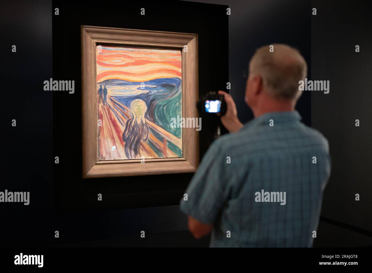 Oslo, Norvège, 20 juin 2023 : un touriste observe la célèbre composition d'Edvard Munch la crème au Musée Munch. Banque D'Images