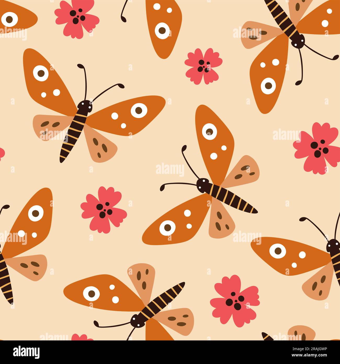 Superbe motif papillon sans coutures. Répéter le motif avec un papillon abstrait et des fleurs isolées sur fond beige. Motif carré. Vecteur illustrat Illustration de Vecteur