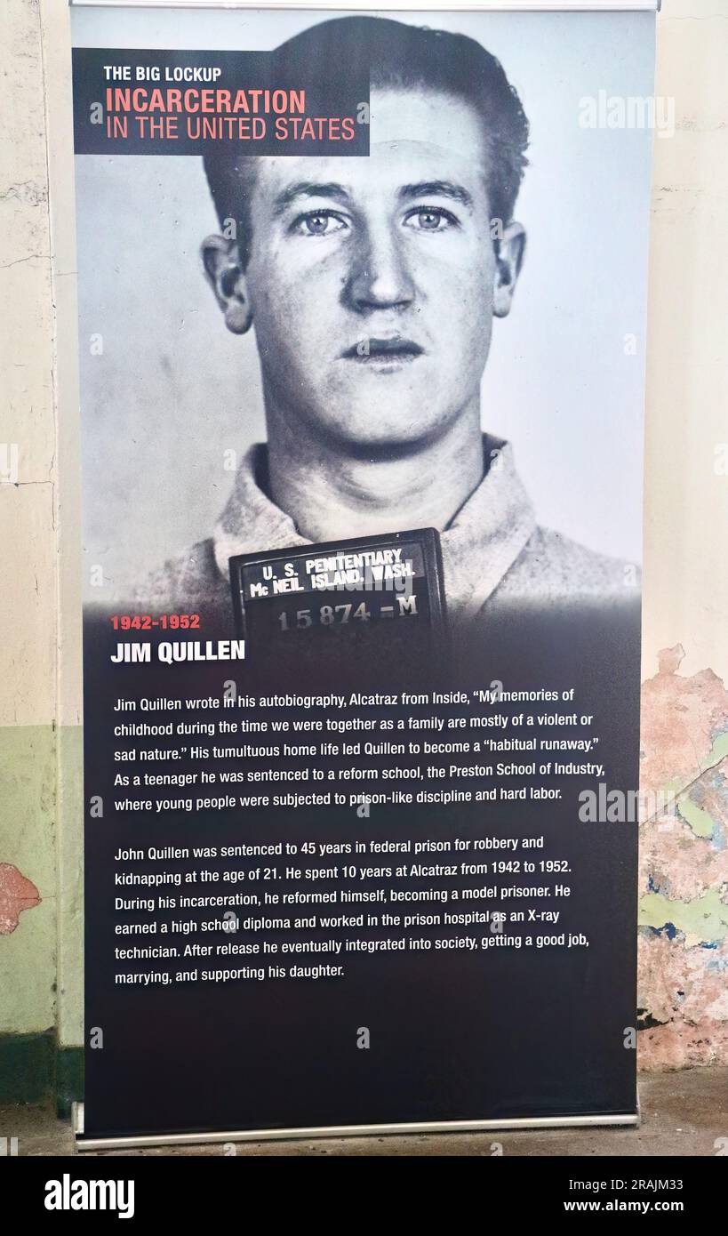 Panel avec l'histoire du détenu Jim Quillen incarcéré à partir de 1942-52 sur l'exposition du pénitencier fédéral d'Alcatraz San Francisco Californie USA Banque D'Images