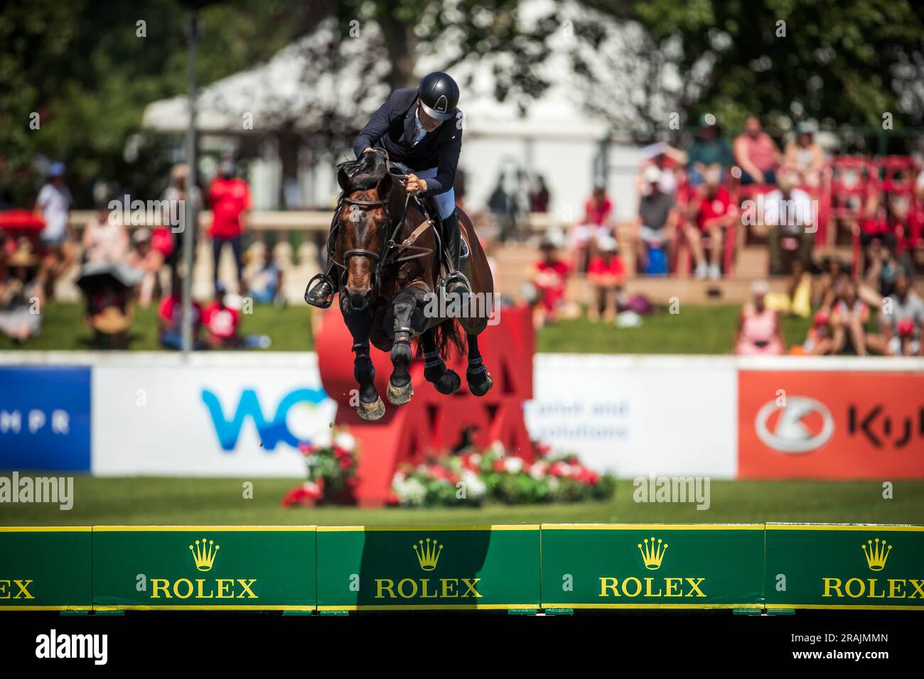 Santiago Lambre, du Brésil, participe au Grand Prix Rolex Pan American à Spruce Meadows à Calgary, au Canada, sur 1 juillet 2023. Banque D'Images