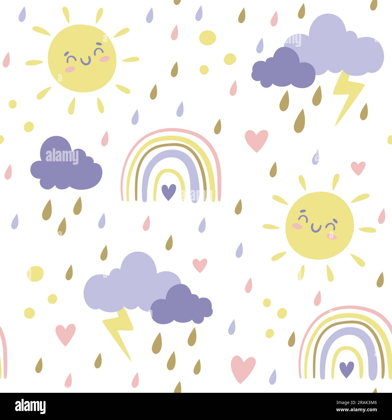 Joli motif SKY boho sans coutures. Répétition carrée avec soleil, nuages d'orage, pluie et arcs-en-ciel. Arrière-plan blanc. Illustration vectorielle. Illustration de Vecteur