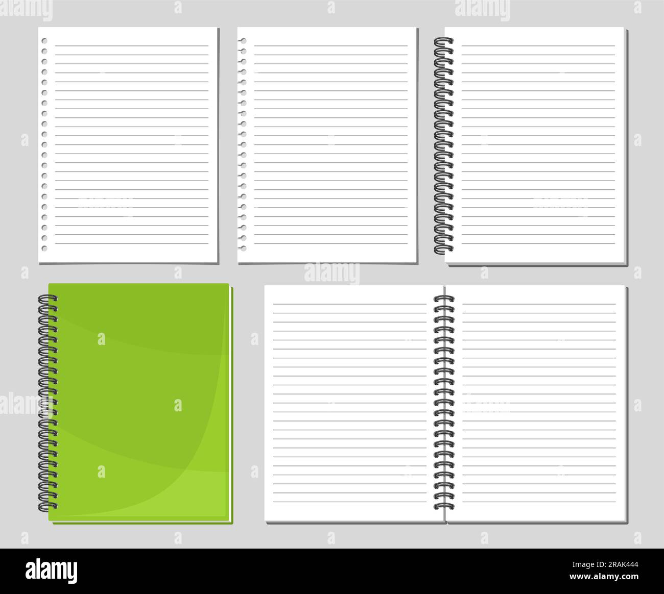 Ensemble de cahiers vectoriels en spirale, collection de 5 illustrations découpées de diverses pages vierges lignées de cahiers, groupe de notes de papier de reliure ouvertes et fermées Illustration de Vecteur