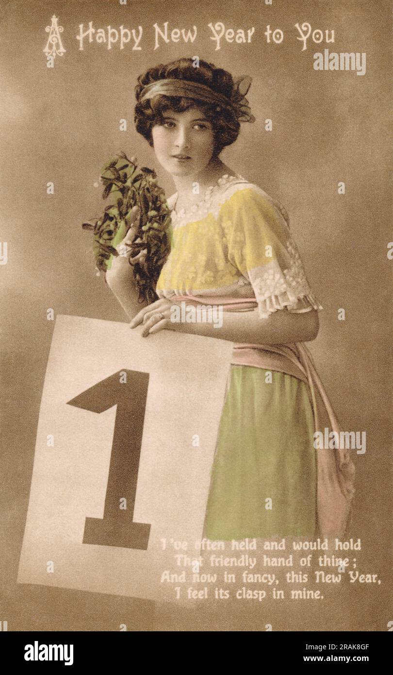 Carte postale vintage Edwardian Era Happy New Year. Banque D'Images