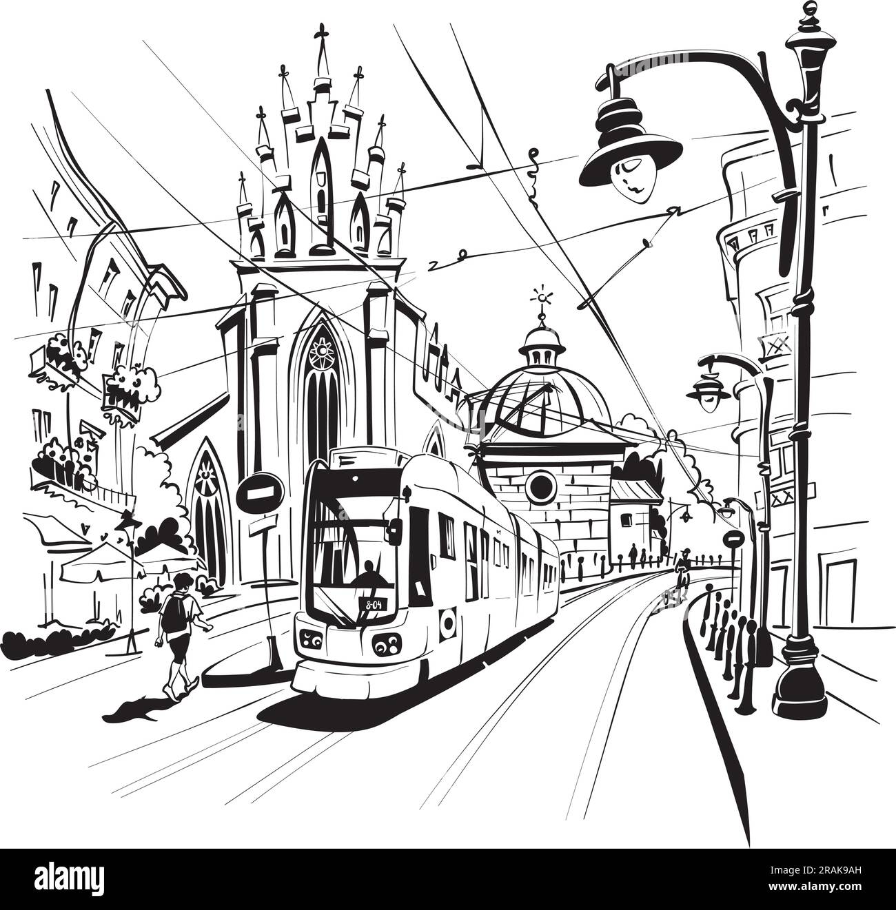 Schéma vectoriel noir et blanc du tramway près de l'église de la Sainte Trinité, Cracovie, Pologne Illustration de Vecteur