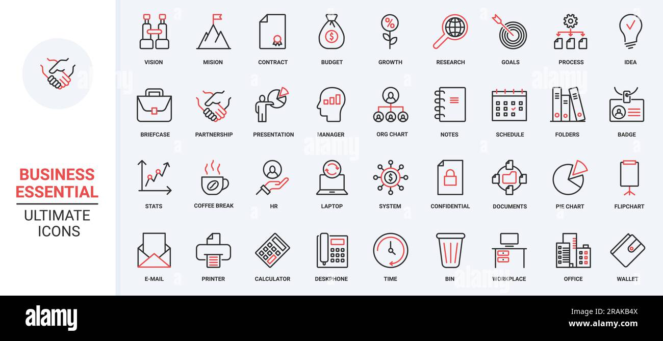 Icônes rouges noires fines ensemble pour la vision d'entreprise, la réussite de la mission de l'entreprise, l'innovation de bureau dans le système statistique et le marketing cible, la gestion du temps et les projets financiers illustration vectorielle. Illustration de Vecteur