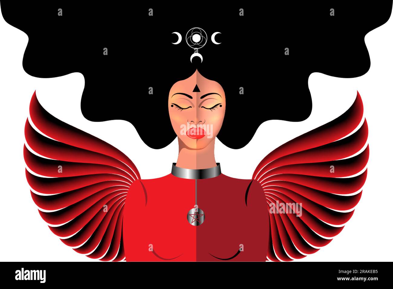 Déesse païenne aigée avec des yeux fermés dans les cheveux longs. Femme lunaire Hécate mythologie grecque ancienne. Sorcière celtique avec ailes, spiritualité wiccan Illustration de Vecteur