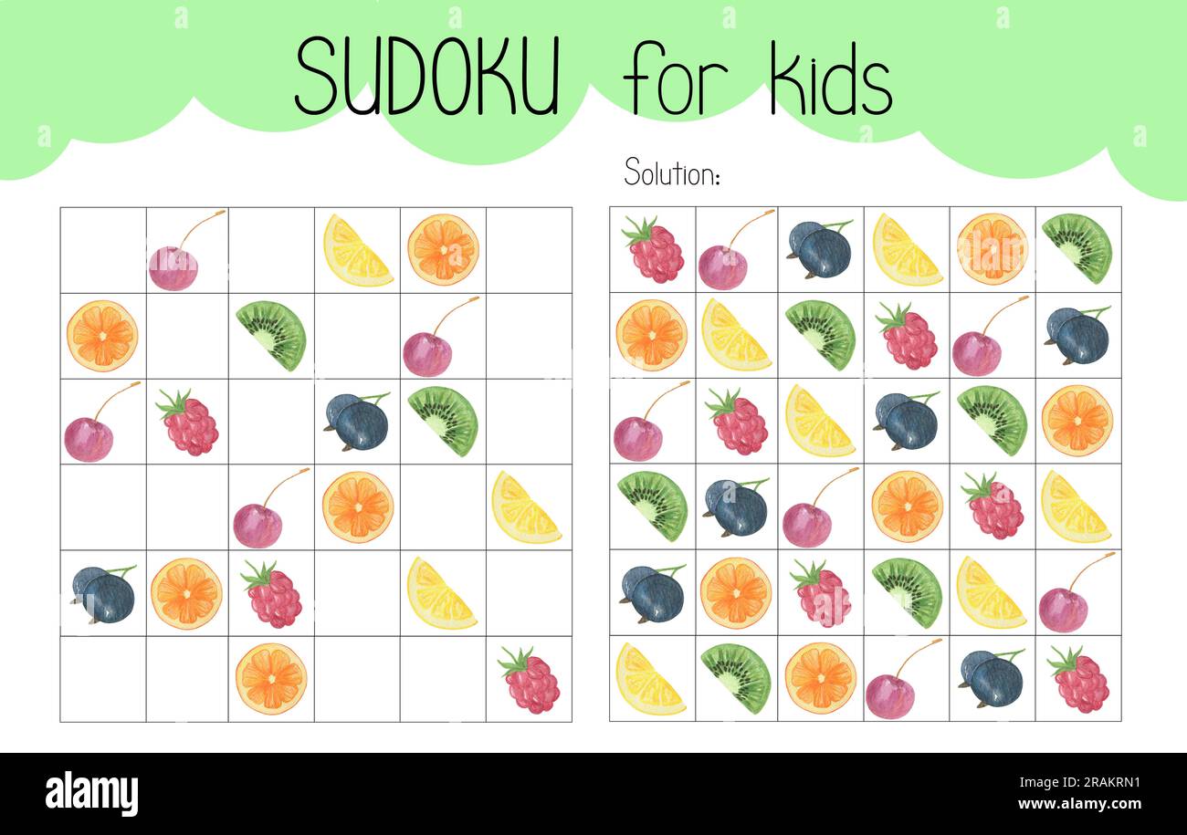 Sudoku jeu éducatif fiche d'activité de loisirs illustration aquarelle, grille imprimable pour remplir les images manquantes, fruits sucrés, dessert topique voc Banque D'Images