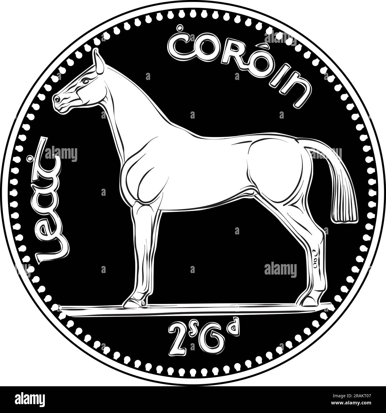 Irish Money pièce de demi-couronne d'argent pré-décimale avec Irish Hunter au verso . Image en noir et blanc Illustration de Vecteur