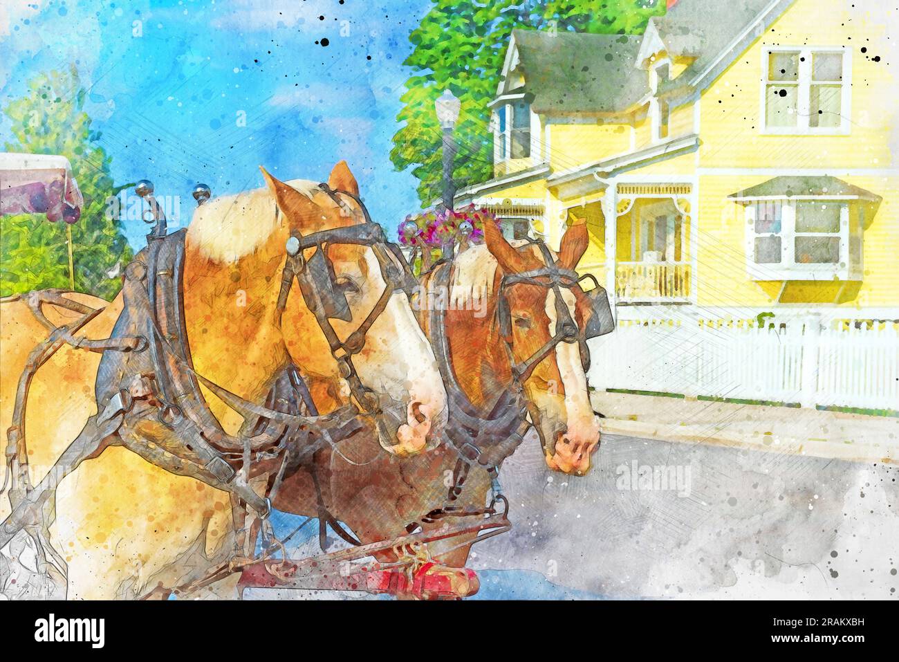 Peinture à l'aquarelle créée numériquement d'une paire de chevaux tirant une voiture sur l'île Mackinac Banque D'Images