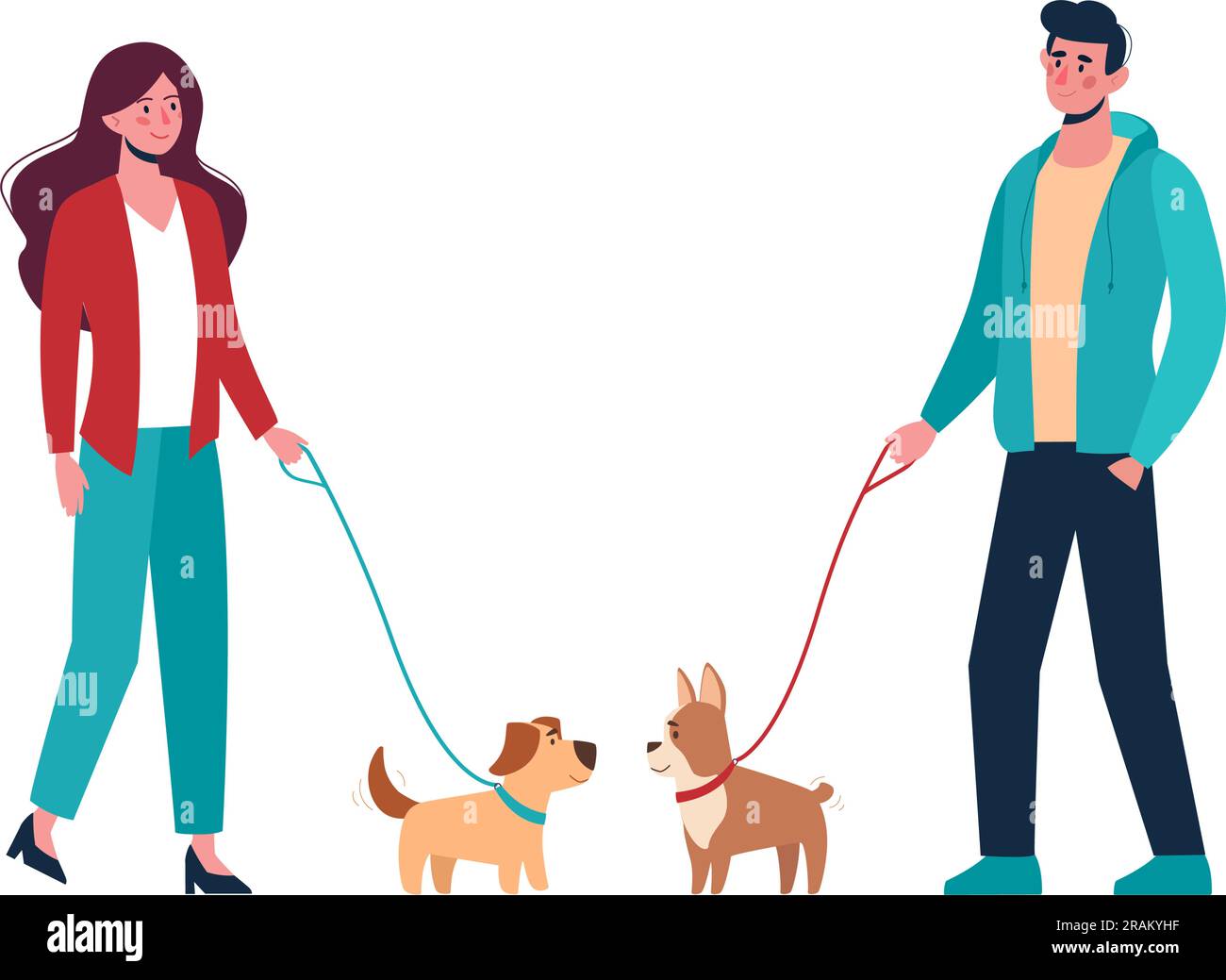 Homme et femme en vêtements décontractés marchant sur les chiens de différentes races, gardez-les sur une laisse. Loisirs actifs. Vecteur de style plat, caractères de dessin animé isolés sur blanc Illustration de Vecteur