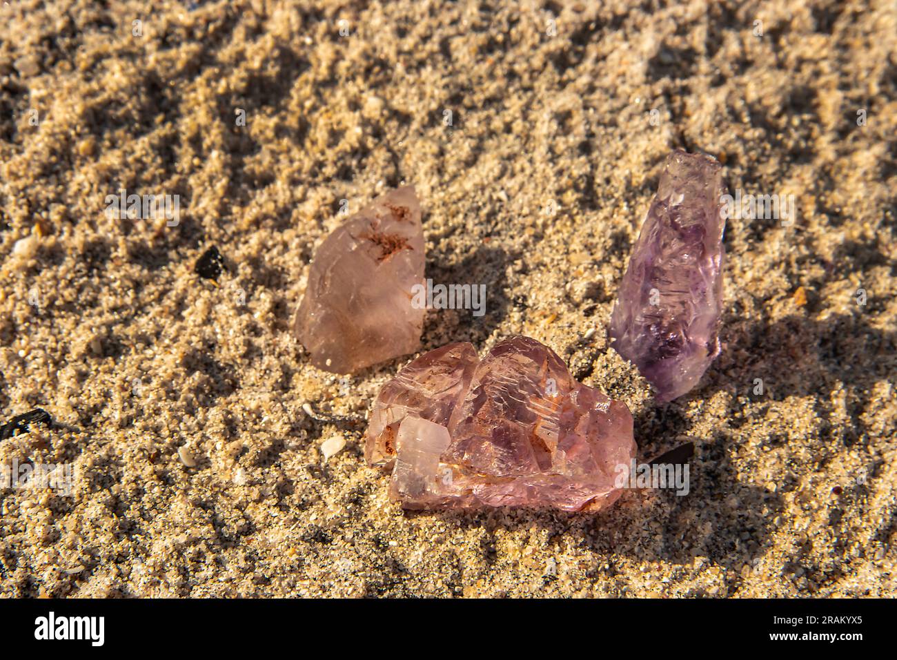 L'améthyste rose, dans son état naturel, non poli, révèle des teintes roses douces avec une clarté translucide, extraites au Mozambique Banque D'Images