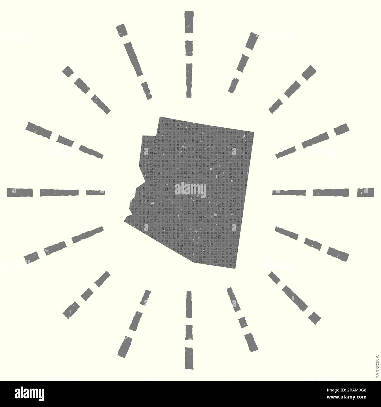 Logo Arizona. Affiche grunge Sunburst avec carte de l'état américain. Forme de l'Arizona rempli de chiffres hexagonaux avec des rayons de soleil autour. Illustration de Vecteur